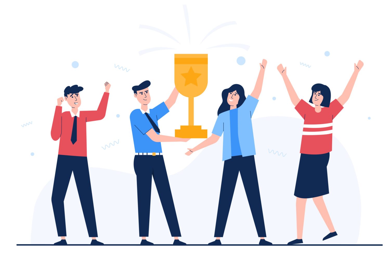 Successful business team concept. Happy business people holding gold trophy from winner competition. Vector illutration flat style